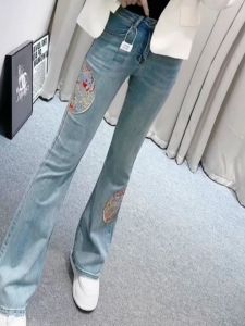 plus Size Micro Flare Jeans Womens Spring New Style National Embroidery Elastic Long Pants Chinese Slimming Floor-Length Horse Hoof Pants
