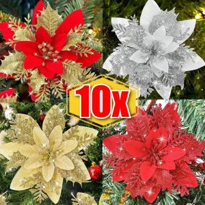 ดอกไม้คริสต์มาสเกล็ดแวววาวประดิษฐ์พร้อมคลิปสำหรับเครื่องประดับต้นคริสมาสต์ดอกไม้ปลอมลายดอกไม้ตกแต่งบ้านสำหรับงานเลี้ยงปีใหม่50/5ชิ้น