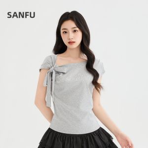 SANFU | Summer New Design Letter Glitter Strapless Slanted Shoulder Loose Casual Women Tshirt