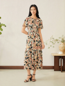 Summer Fashion Print Elastic Slub Silk Blended Dress