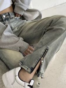 High Waist Straight Leg Micro Flared Jeans Side Zipper Slit Design Autumn Trendy Streetwear Vibe Womens Long Denim Pants