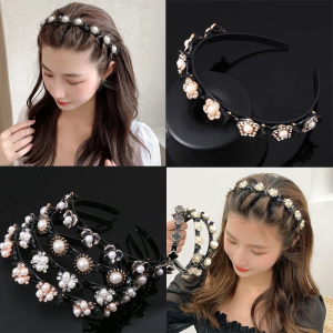 Korean Flower Pearl Double Bangs Hairstyle Hairpin Multi-layer Hollow Woven Headband with Tooth Design