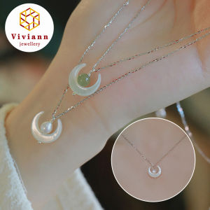 Viviann Original sterling silver High quality Design of the Sea Moon Series Hetian Jade Pearl Moon Pendant Necklace For Women Valentines Day Sweater Chain For Best Friend Lovers Wedding Party Gift Jewelry