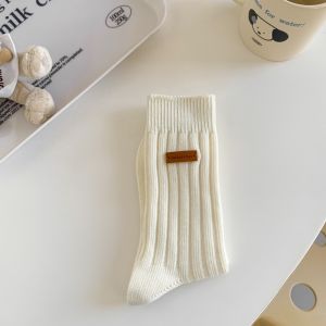 All Store Socks Womens Mid Tube Stockings Spring & Fall Days Stylish Side Leather Tag Thick Thread Double Needle Trendy Socks Sweat Absorption