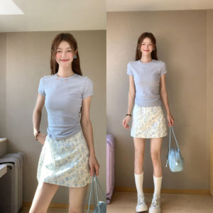 Blue round Neck Short Sleeve T-Shirt Womens Slim Fit Summer New Style Commute Style Korean Version Fashionable Short Length Top