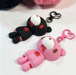 Gothic Style Bear Keychains Black and Pink Cute Cartoon Bear Key Rings with Bloody DetailsUnique Fashion Accessories for Bags