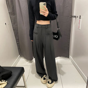 กางเกงขายาวทรงหลวมเอวสูงสีเทา ทรงหลวม กางเกงขายาวทรงตรงสำหรับใส่ทำงาน กางเกงขายาวลำลองสำหรับใส่ทำงาน ทรงหลวม ทรงหลวม ทรงหลวม