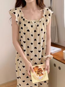 Summer Womens Cotton Gown with Chest Pad Heart Print Princess Style Dress Large Size Sleepwear Sweet Home Clothes