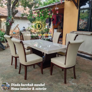 MEJA MAKAN MARMER SET 6 KURSI MEJA MAKAN VIRAL KAYU JATI KURSI JOK MEJA MAKAN VINTAGE MODERN BERKUALITAS