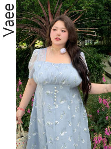 Vaee plus Size Floral Print Dress Elegant Square Collar Waist Cinched Tea Break Skirt Polyester Fiber Bubble Sleeve Long Dress