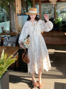 La Chapelle Bohemian Style Long Dress Hollow out Loose Fit Travel Casualwear in Beige Color Perfect for Autumn Vacations