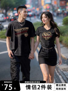 Couple Summer Clothes Short Sleeve T-Shirt Korean Style Loose Fit Cotton Pure Funny Print Commute Wear round Neck Top