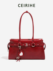 CEIRIHE Original Design Large Capacity Underarm Bag Womens Retro Red Handbag Cowhide Single Shoulder French Bread Bag