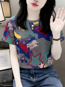 Summer Vintage All-Over Graffiti T-shirt Womens Casual Loose Fit Slimming Top