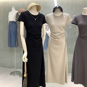 Dongda Gate Womens Slim Fit French Waist Cinched Dress Summer Asymmetrical Pleated Long Dress Elegant A-Line Skirt