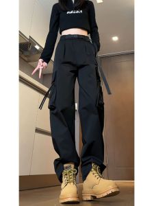 กางเกงทำงานสีดำสไตล์อเมริกันสำหรับผู้หญิง ฤดูใบไม้ผลิและฤดูใบไม้ร่วง กางเกงขายาวสำหรับเดินป่ากลางแจ้ง บุขนแกะ 3-in-1 กางเกงขายาว
