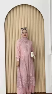 Dress Tunik Wanita Elegan Lengan Panjang Motif Floral Putih Dikari Dress kondangan