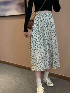 Womens medium length floral skirt high waisted A-line dress