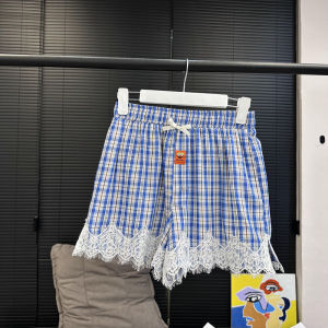 [In Stock] Meirelaxed Summer Blue Plaid Lace Edge Elastic Waist Loose Shorts