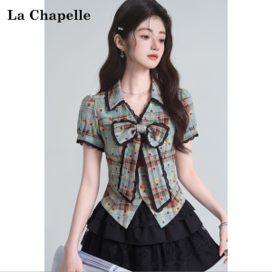 La Chapelle | Summer Puff Sleeves Bow Lace Plaid Fitted V-Neck Shirts