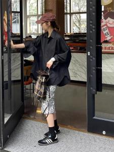 Classic Black Shirt Autumn Fashion BF Style Loose Long Sleeve Womens Elegant Korean Style Outerwear POLO Collar Regular Length