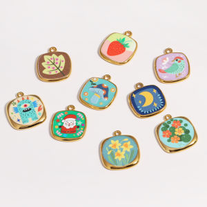 5pcs/lot Stainless Steel Gold Plated Square Enamel Flower Necklace Pendant For DIY Charm Women Jewelry Making Supplies