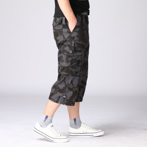 Summer Overalls Pants Mens Cropped Pants Multi-Pocket Loose Straight-leg Casual Breeches plus Size Breathable Plaid Beach Pants