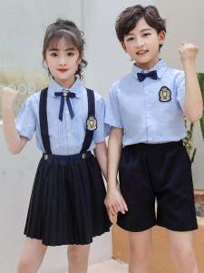 Boys Girls Cotton Shirt Pure Cotton Short Sleeve Embroidered Collar School Uniform Style Light Blue Summer Dress Shirt