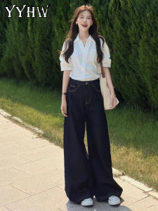 Deep Blue High Waist Wide Leg Jeans Womens Thickened Autumn Winter Straight Cut Pants Casual Wear Cotton Fabric Zipper Closure