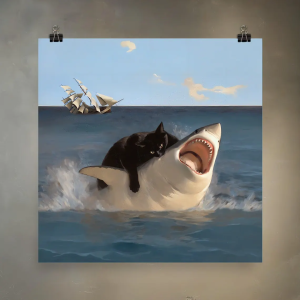 Fat Cat VS. Shark | Meme Art Re-imagined in Renaissance Painting Style on Premium Matte Paper SpensersArtPrinting