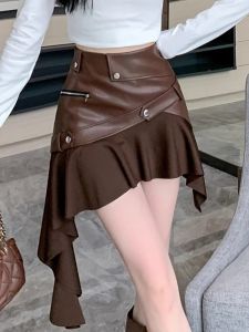 WANGGONGZHU | High Waist PU Leather Ruffle Hem Mini Skirt Womens Spring 2025 New Design Sensual Short Skirt Korean Style Commute Fashion