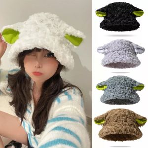 PrettySet Winter Warm Bucket Hats Lamb Wool Faux Fur Cute Sheep Ear Fisherman Cap Women Girls Thicken Plush Lolita Hat