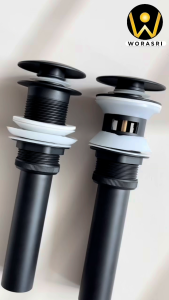 WoraSri BF3821 สะดืออ่างล้างหน้าทองเหลืองกดสปริง Pop Up มีช่องรูน้ำล้น + ท่อน้ำทิ้ง SUS304 สีเทาดำ