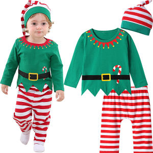 Baby Boys Christmas Clothes Toddler Green Elf Outfit Infant New Year Gift Costume Girl Long Sleeved Cartoon Xmas Cosplay 3 Pcs