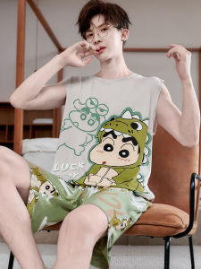 Mens Modal Ice Silk Summer Thin Sleepwear Set Cartoon Print Short Sleeveless round Neck Short Pants Comfortable Breathable