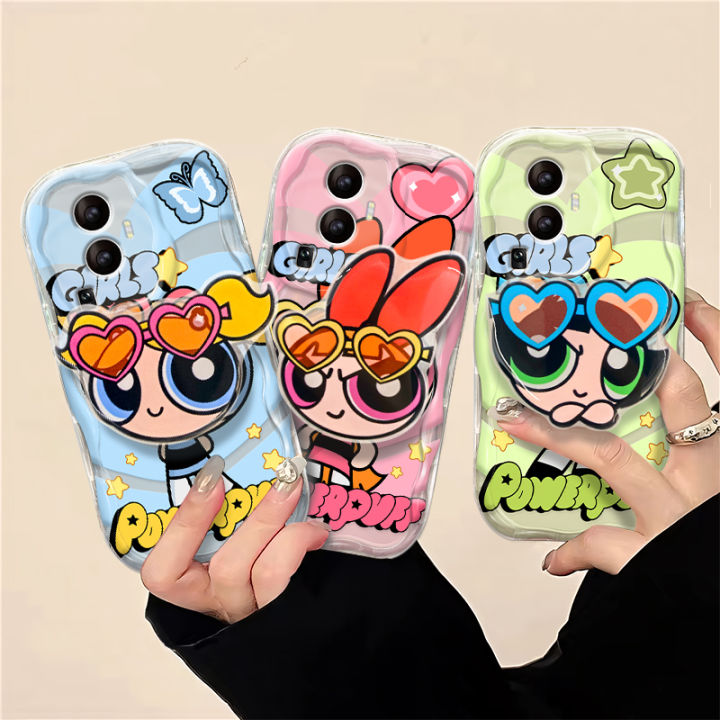 (With Free Holder) Hontinga Casing Case For VIVO Y29 Y19S V40 Lite Y200 5G Y100 Y200e 5G V30 Pro V30e 5G V25 V25E V27 Pro V27E V29 Y01 Y01A Y02S Y12 Y12A Y12S Case Cute Powerpuff Girls Soft Silicone Wavy Rubber Cases Phone Case Softcase Casing
