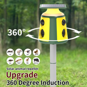 Yieryi 360° Solar-Powered Animal Repeller – Ultrasonic Pest Deterrent with Motion Sensor LED Flash & Voice Alarm – Waterproof & Eco-Friendly for Gardens Yards Farms and Campgrounds