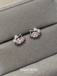 Sweet Pastel Pink KT Cat Sparkling Diamond Womens Earrings Cute Ear Cuff Bone Studs Ear Jewelry Accessory New Model