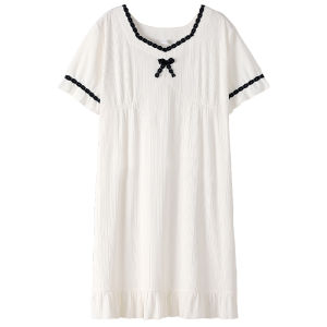 MiiOW | ชุดนอนผู้หญิงแขนสั้นผ้าไหมคอตตอนไซส์ใหญ่ฤดูร้อน ชุดอยู่บ้าน ชุดเดรสยาวปานกลาง แขนสั้น ผ้าไหมคอตตอนผสมโพลีเอสเตอร์