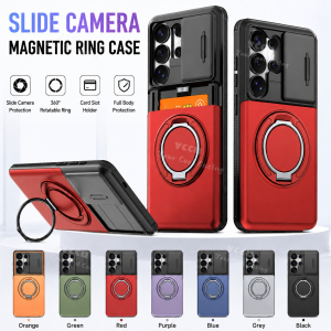 Samsung Galaxy S26Ultra Slide Camera Cover Card Holder Phone Case For Samsung Galaxy S26 S25 S25Plus S25FE S24Ultra S24Plus S24FE Card Slot 360° Hidden Rotating Stand Shockproof Protective Case
