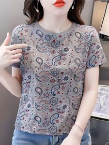 Slimming Effect Korean Style round Neck Loose T-Shirt Womens Fashionable Versatile Top for Summer Straight Cut Cotton Blend