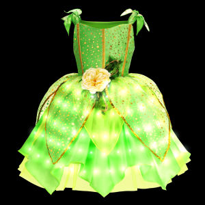 Child Girl Bell Costume Halloween Costume for Kids Green Dress Fancy Fairy Princess Cosplay Carnival Party Ball Gowns with Wing