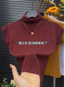Áo Thun Tay Ngắn Cổ Cao Màu Đỏ Dâu Tây Cho Nữ Mùa Xuân Hè Phong Cách Mới Ôm Vừa Vặn Tay Lỡ Chất Liệu Cotton Thường Ngày