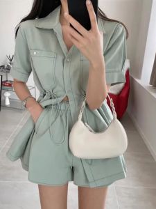 Chic Fashion Flip Collar Double Pocket Waist Design Slimming Wide Leg Shorts Two-Piece Set Summer for Women