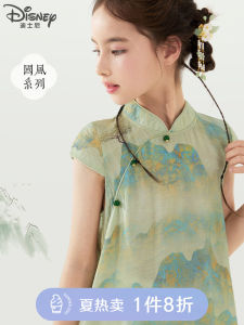 New Chinese Style Princess Dress Childrens Cheongsam Skirt Summer Collection  Mixed Fabric Girls Clothing Traditional National Fashion