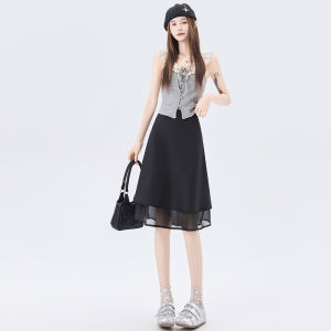 La Chapelle | Apricot Color Acetate Satin Mesh Half Skirt