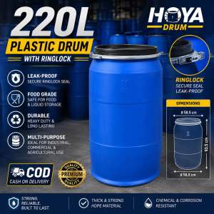 220L Plastic Drum with Ringlock - Leak-Proof Food Grade Durable Multi-Purpose Secure Seal Dimensions 58.5 cm x 58.5 cm HDPE Material Chemical & Corrosion Resistant