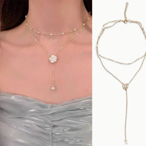 Vintage Multilayer Gold Color Rose Flower Round Plate Necklace for Women Simple Snake Chain Floral Choker