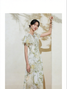 SUSHE | Floral Texture Waist-Cinching A-Line Long Summer Dress