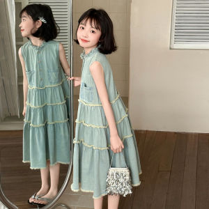 Korean Style Thin Cotton Denim Vest Skirt for Girls Summer Season A-Line Dress Bamboo Fiber Material Washed Fabric Process